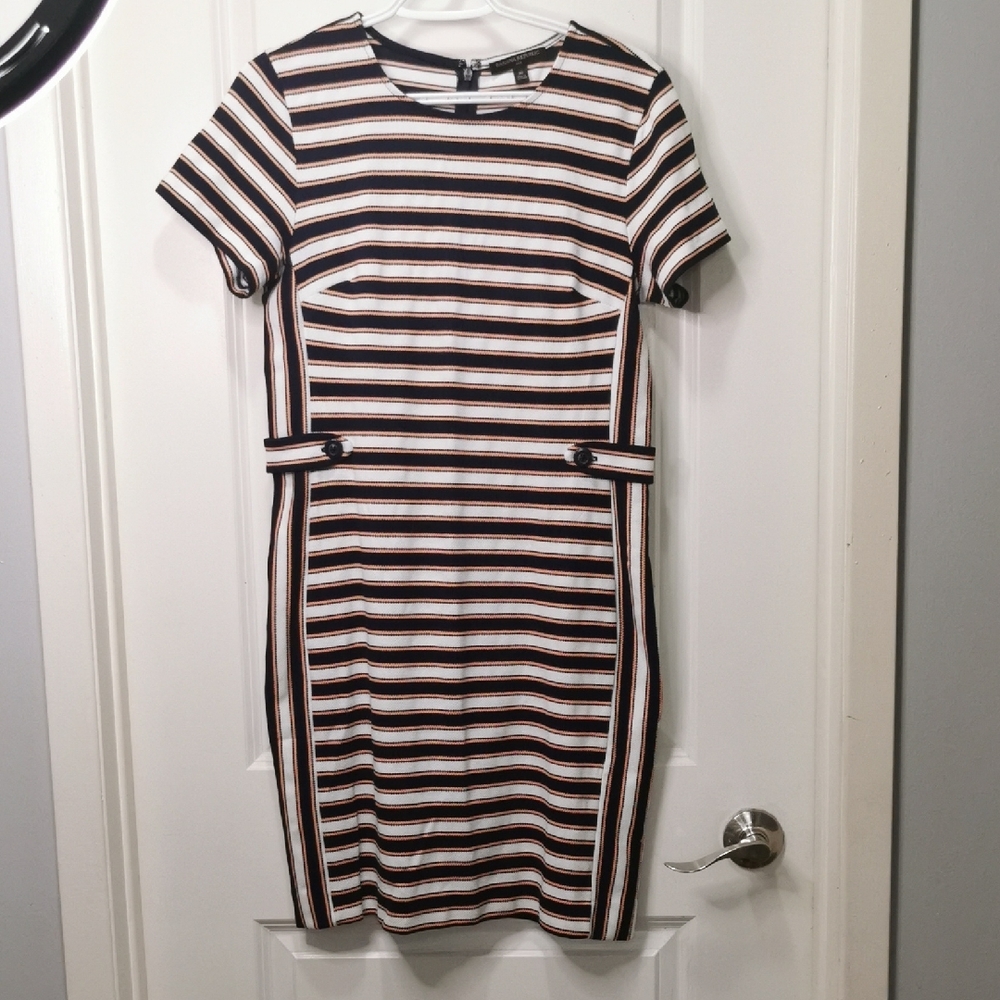 Banana Republic Black and‎ Cream Striped Midi Dress